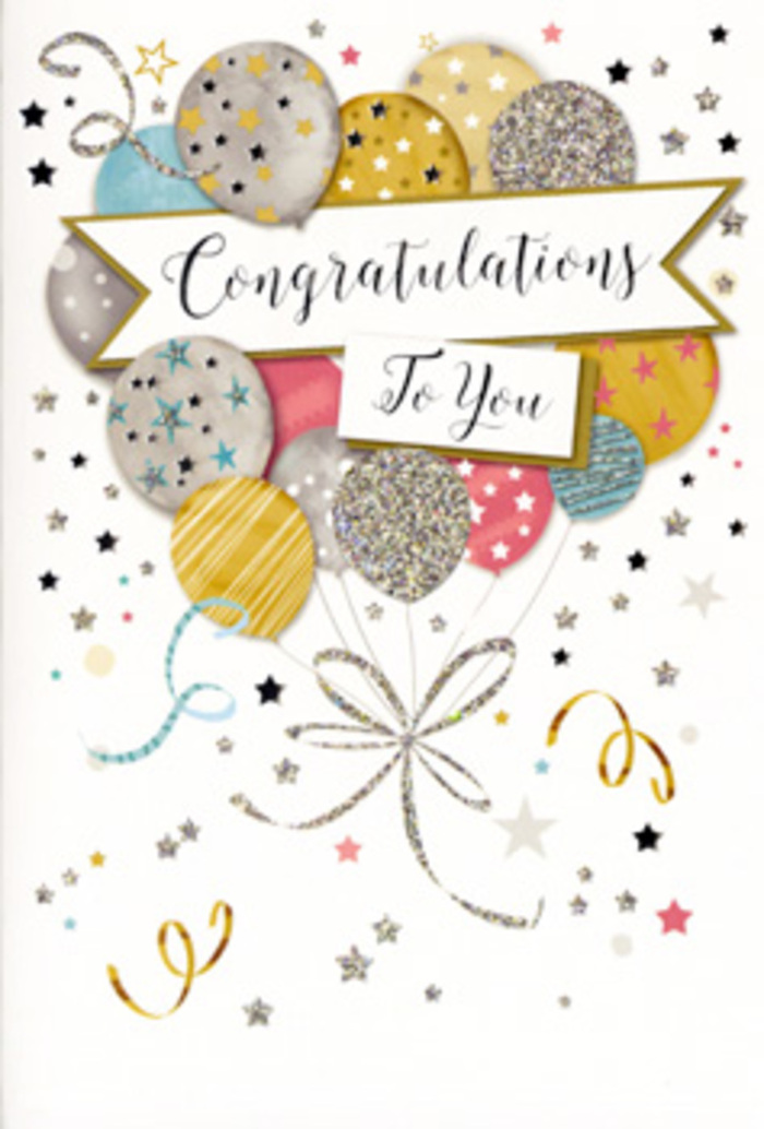 The image shows a refined congratulations card propped upright, its design centred on a cluster of celebratory balloons that float like a miniature skyline above Holborn's rooftops. Dominating the front, the balloons are layered one in front of another, creating a full, rounded bouquet that seems to swell with quiet excitement. They come in a harmonious palette of muted gold, soft silver, pale champagne, gentle sky blue, warm blush pink, and smooth grey, each balloon embellished with tiny stars, shimmering dots, or neat vertical stripes that suggest metallic foil and subtle glitter when viewed up close. Slender, curling strings in gold and silver spill downwards, looping gracefully as if lifted by an unseen breeze drifting along nearby Gray's Inn Road. A classic banner cuts through the centre of the design, arching slightly as it carries the message Congratulations To You in carefully rendered script, elegant but readable. Surrounding this central motif, the pale background is lightly dusted with star shapes, curves, and fluttering ribbons, echoing confetti and streamers frozen mid-air in soft, diffused light. The atmosphere of the card is celebratory without being loud, evoking the serene satisfaction that follows a big achievement: a graduation, a new qualification, or a promotion in one of Holborn's many offices and chambers. As a florist accustomed to combining graceful cards with freshly arranged bouquets for same-day delivery across Holborn, Russell Square, and the surrounding central London streets, this design feels like a natural partner for congratulation flowers-light, polished, and brimming with warm admiration.