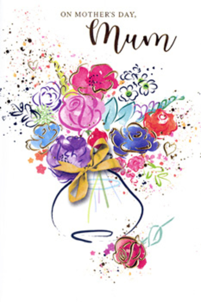 Illustrated Mother's Day card showing a vibrant, painterly bouquet that seems to bloom outwards from the centre of the page. The flowers are rendered in energetic strokes of hot pink, cerise, and deep indigo, with hints of apricot and soft lavender melting into one another like wet watercolour on textured paper. Rather than precise botanical detail, the artist suggests petals and leaves through layered colour and movement, creating the impression of roses and mixed garden blooms arranged with a florist's intuitive touch. Fine golden lines trace selective edges, forming subtle halos around some petals, as though capturing the warm glow that often fills Holborn side streets on a sunny afternoon. Around the bouquet, tiny hearts and speckled dots of paint flicker like confetti, hinting at family gatherings, shared stories, and the gentle chaos of children presenting flowers to their mum near Bloomsbury or Chancery Lane. The stems disappear into a softly shaped vase painted in cool tones, its curved outline defined more by contrast than by solid line, and finished with a small, carefully painted gold bow that recalls a hand-tied ribbon from a local flower shop. The white background offers breathing space, making every colour-magenta, blue, chartreuse-tinted green-feel bright and clear. There is no visible text, so the flowers themselves speak the message: gratitude, admiration, and enduring affection. The image feels like a moment captured between brushstrokes, a bouquet that could easily have started life as a florist's sketch in a Holborn studio, now turned into a heartfelt card to celebrate the unique love between mother and child.