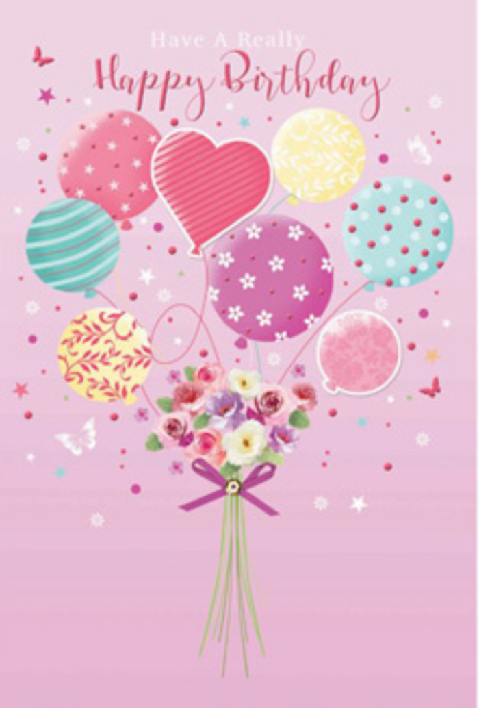 This tender birthday design feels like a little slice of celebration drifting above the busy streets of Holborn. The image is set on a dreamy pink background, which softens the scene the way the evening light softens the facades along Red Lion Street. A cluster of pastel balloons hovers gracefully, their rounded and heart-shaped forms creating a floating arch of happiness. Each balloon showcases its own decorative personality: candy-striped ribbons curl around some, others are dappled with playful polka dots, and a few feature delicate floral motifs that echo the bouquet below. Hues of soft pink, seafoam green, buttery yellow, and lavender fade gently into one another, giving the balloons a hand-painted, almost watercolour quality. At the point where all the strings meet, a dainty hand-tied bouquet sits as the anchor of the scene. The flowers resemble petite roses and small daisy-like blossoms, their petals shaded from creamy white to warm blush and dusty mauve, like blooms just selected from a local Holborn florist stall. A narrow purple bow wraps around the gathered stems, its satin finish lending a subtle sparkle, as if catching the glow from nearby shop windows. Light in the illustration seems to come from above, gently illuminating the balloons and petals, creating soft highlights and shadows that add depth. Scattered tiny stars and butterfly shapes dance among the balloons, adding a hint of fanciful storytelling-reminiscent of a birthday afternoon in a hidden garden near Gray's Inn. The entire composition radiates gentle joy, intimacy, and the feeling of being truly celebrated.
