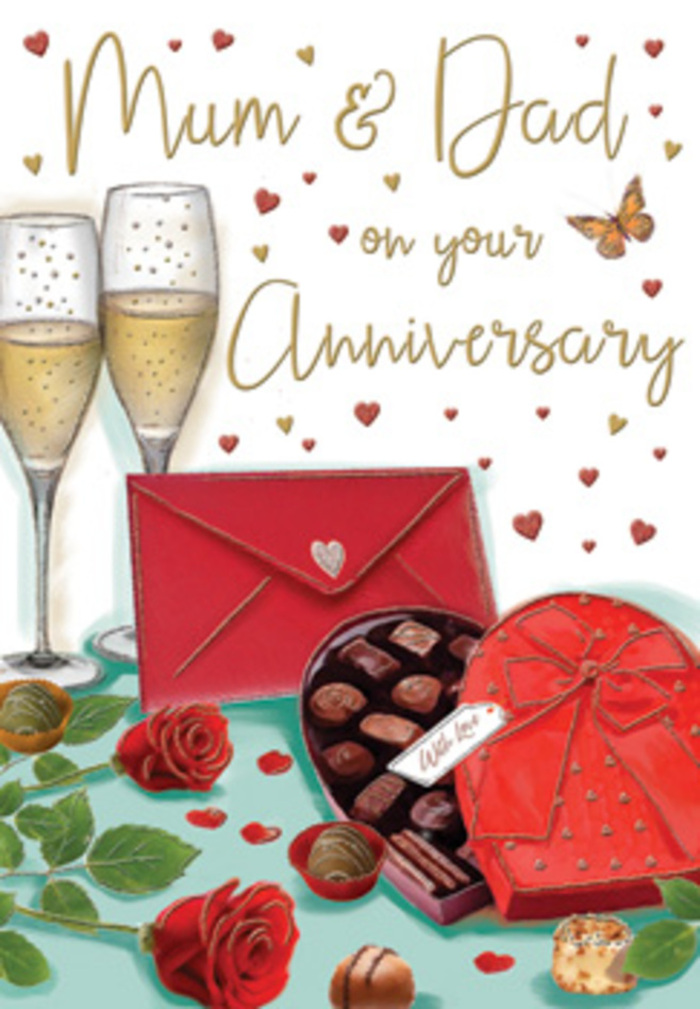 The illustrated anniversary card presents a richly detailed scene that feels timeless, reminiscent of a cosy celebration in one of Holborn's characterful flats overlooking the narrow side streets off Gray's Inn Road. Dominating the composition are two slender champagne flutes, drawn with crystal clarity so that the pale golden drink inside seems to shimmer. Tiny bubbles are captured mid-rise, suggesting the soundless anticipation just before glasses meet. Positioned beside them is a heart-shaped box of chocolates, coloured in deep, romantic red. Its lid tips open to reveal perfectly arranged truffles, each one carefully shaded to show smooth, glossy coatings and soft centres waiting to be shared. A generous red satin bow sits on top, its loops and tails rendered with subtle highlights and folds, adding a sense of luxury. In the foreground, two fully opened red roses rest casually on the tabletop, their petals layered in velvety spirals of crimson, supported by fresh green leaves that could have been selected moments earlier from a Holborn flower stall. A few scattered chocolates on the table's surface create a feeling of relaxed indulgence. Around the scene, golden and crimson hearts float gently, framing a hand-lettered Mum & Dad dedication with playful tenderness. To one side lies a vivid red envelope, sealed and ready, hinting at handwritten words of love and thanks. The lighting is soft and inviting, bathing everything in a warm glow that evokes an intimate family gathering after a special dinner. It is an image that captures the quiet richness of an anniversary, celebrating shared memories and the enduring bond of parents cherished by their family.
