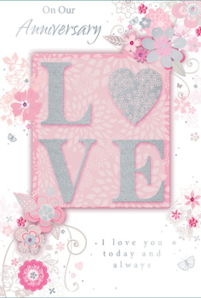 An anniversary card lies open, its design evoking the feeling of stepping into a sun-lit Holborn apartment where love is quietly honoured every day. The central motif is the word LOVE, rendered in raised letters dusted with a frosted glitter finish that looks smooth yet slightly textured, ready to catch every change of light from a nearby window. Around this word, wispy, hand-drawn blooms and feathery sprays drift along the borders, their petals painted in gentle shades of blush pink, lilac, and ivory that blend as softly as watercolour. Slender stems curl and intertwine, with tiny leaves and subtle strokes of silver giving depth, like the thoughtful layering of foliage in a hand-tied bouquet. Hidden among the floral flourishes are dainty, almost secret butterflies and filigree swirls, suggesting the flutter of hearts and the passing of quiet, shared moments. Towards the lower half, a simple yet moving sentiment-I love you today and always-rests in graceful, understated type, as if handwritten with care. The card's overall tone is calm and romantic, with the soft pink background warming the cooler pearly whites and greys, creating a balanced composition that feels timeless rather than showy. It calls to mind anniversary flowers delivered to a home near Lincoln's Inn Fields or tucked into an office near Chancery Lane: something personal, intimate, and considered. The design captures not just a special date but the daily tenderness of a relationship that has grown over the years, as steady and reassuring as familiar streets walked together in Holborn.
