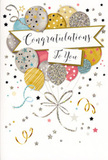 In this image, a stylish congratulations card stands upright, its artwork capturing the essence of a joyful yet sophisticated celebration, much like an intimate gathering in a tucked-away Holborn wine bar. The focal point is a generous cluster of balloons rising from the lower portion of the card, overlapping in a soft, rounded formation that draws the eye upwards. These illustrated balloons are tinted in a chic spectrum of metallic gold, brushed silver, champagne cream, pastel blue, dusty pink, and soft grey, each decorated with sparkling star patterns, tiny glitter-like specks, or neat stripes that hint at luxurious finishes such as foil and gloss. Slim, curling strings in gold and silver descend from the balloons, looping gracefully as though stirred by a gentle indoor breeze. A flowing banner crosses the middle of the card, gently arched and inscribed with the words Congratulations To You in elegant, sweeping calligraphy that carries warmth and sincerity. Scattered around the balloons and banner, tiny stars, dot-like confetti, and swirling ribbon motifs dance across a pale background, evoking the feel of falling confetti in soft, flattering light. The mood is one of quiet triumph and heartfelt pride, suitable for acknowledging an exam success, a professional milestone, or a personal victory. Imagined beside a bouquet of fresh, celebratory flowers ready for delivery around Holborn, the Inns of Court, or nearby Clerkenwell, the card looks like a refined expression of shared happiness-festive yet composed, with every visual detail working together to honour someone's moment in the spotlight.