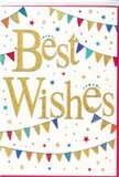 A bright, celebratory Best Wishes card is shown, designed with the same buoyant spirit you might feel walking through Holborn on a sunny day after receiving happy news. The central focus is the phrase Best Wishes, written in generous, looping gold script that appears slightly embossed, giving it a soft, tactile shimmer like delicate foil on a keepsake box. The letters sit against a pristine white background, which keeps the look clean and modern, allowing the gold to glow without distraction. Curving above and sweeping below the text, strings of bunting create playful arcs that frame the words as if part of a street party banner strung between townhouses off Red Lion Street. Each small triangular flag is filled with vivid colour-bold blues, rich reds, zesty yellows, and fresh greens-some adorned with tiny patterns of spots, lines, and abstract motifs. These details lend the card a handcrafted, slightly whimsical charm, as if lovingly assembled for a special moment. Dotted around the bunting and script are miniature stars and confetti-like circles, echoing the same palette of gold and jewel tones, scattered in a way that suggests they are gently drifting through the air after a cheerful toss. The composition is balanced and airy, capturing a sense of lightness and celebration without ever feeling cluttered. It's the kind of card that could accompany congratulations on a new role in one of Holborn's busy offices, send good luck before an important presentation, or simply share sincere support for someone beginning a new chapter. Even without any floral imagery, the design has the warmth and positivity of a card nestled into a bouquet, ready to brighten someone's day across WC1 and WC2.