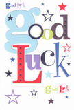 A bold, cheerful good luck card lies against a crisp white background, its 'Good Luck' message spelt out in oversized, playful letters that look as if a designer has scattered them with carefree joy. The pastel-blue curves of the main g and d feel almost bubbly, weaving between blocks of deep red, mossy green, and rich purple that add weight and sincerity to the encouragement. Around the words, a constellation of tiny stars in navy, indigo, sky-blue, lilac, and soft lemon-lime drifts across the page, as if the sky above Holborn on a clear evening has been gently shaken and poured onto the card. The printing looks smooth and high quality, the sort of cardstock that feels cool and firm against your fingertips, with edges so neat they echo the precision of a perfectly trimmed bouquet. Even without touching it, you can almost imagine sliding this card alongside a fresh arrangement delivered to a new job near Chancery Lane or to a student sitting exams at one of the nearby colleges. The balance of white space and colour keeps the design feeling modern and uncluttered, allowing each letter and star to breathe, while the lively palette carries the same optimistic energy you'd feel stepping out of Holborn station on a bright morning. It's a design that doesn't just wish someone luck; it feels like a friendly squeeze of the hand, a reminder that, like a well-chosen bunch of flowers, the simplest gestures can carry a surprising amount of hope and belief.