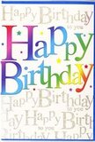 This richly decorated birthday card glows with colour and sparkle, the kind of design that pairs perfectly with a vibrant arrangement arriving at a Holborn doorstep. Across the centre, the phrase Happy Birthday stretches in generous, rounded letters that look almost hand-painted. Each character transitions smoothly through a full spectrum of colour-starting with deep cherry reds and rosy pinks, drifting into amethyst and midnight blue, before brightening into turquoise, freshgrass green, and golden yellow-like the varied hues of a mixed bouquet set against the urban backdrop of High Holborn. The gradient is seamless, giving each letter a soft, velvety dimension that makes the message appear to glow gently from within. Behind this colourful headline, the card's background is warm ivory, layered with fine lines of repeating gold script that softly chant Happy Birthday to you. The script curls and loops with calligraphic elegance, and the metallic finish catches the light with a delicate shimmer, recalling the glint of evening lights along nearby side streets. Tiny colourful specks and star-shaped flecks float around the main lettering in shades of pink, blue, and yellow, as though a handful of confetti has just settled across the card. From a florist's eye, the composition feels beautifully balanced-the bold rainbow message serving as the focal bloom, with the golden script and scattered accents acting like filler flowers and foliage, enhancing without competing. The mood is unmistakably celebratory, yet tasteful and refined, ideal for marking a special birthday with both exuberance and sincere feeling, whether given at a family gathering or tucked into a surprise delivery within the Holborn area.