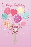 A whimsical birthday scene unfolds on a blush-pink background, as if the quiet charm of Holborn has been translated into flowers and balloons. At the top, a bouquet of pastel balloons floats upward, their strings converging into a single, graceful line that leads the eye down to the floral cluster below. Each balloon is unique yet carefully coordinated: some feature swirling ribbons that loop like the curves of side streets off Theobalds Road, others are sprinkled with lively polka dots, and one stands out as a heart-shaped balloon glowing in rosy pink and lavender. Colours range from gentle sea green and lemon yellow to soft mauve and creamy white, blending harmoniously. Below, a compact hand-tied bouquet brings the design down to earth. The blooms evoke small roses and anemone-like flowers, their petals layered and feathery, progressing from ivory at the centre to blush and subtle lilac at the edges. A satin purple bow cinches the stems with a neat, professional flourish, the kind you might expect from Flowers Holborn preparing a special birthday delivery. Imagined light glides over the balloons and petals, casting delicate highlights that make everything look freshly arranged. Tiny star shapes and butterfly-like accents flutter around the composition, adding a hint of fairy-tale charm, as if a birthday wish were lifting into the sky above nearby Lincoln's Inn Fields. The overall feeling is one of soft joy, affection, and playful elegance-a birthday greeting that looks as though it could float straight to the recipient's door.