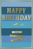 The birthday card shown is a graceful blend of soothing blue tones and refined gold, perfectly suited to a thoughtful celebration in Holborn. Across the front, wide horizontal stripes run from left to right, shifting gradually from a deep, almost midnight navy at the top to gentler mid-blues and a paler, sky-like shade toward the bottom. This ombre effect creates a feeling of depth and calm, as if looking at layers of distant landscape beyond the bustle of High Holborn. In the centre, the words HAPPY BIRTHDAY are embossed in striking gold, the lettering tall, clear, and slightly raised so it would feel smooth under your fingertips. The metallic finish catches the light softly, bringing a warm glimmer against the cooler blues. Directly beneath the main greeting sits a graceful gold flourish, an ornamental curve and swirl that adds a hint of vintage charm, like something you might see on traditional stationery from a long-established London stationer. Below this flourish, three narrow golden banners line up one under another, each ribbon carrying part of a gentle message: Relax, have a great day and enjoy! The banners echo the horizontal striping of the background, tying the whole layout together. A slim gold border traces the outer edges of the card, framing the design with a neat, elegant finish. The blue areas appear velvety and matte, while the gold details are glossy and slightly embossed, creating a satisfying contrast of textures. It's easy to picture this card propped beside a bouquet on a windowsill overlooking Holborn's streets, radiating calm, warmth, and understated birthday cheer.