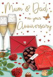 This anniversary card illustration captures a romantic tableau that feels as if it could be set on a polished dining table in a Holborn apartment after a celebratory meal. Two tall champagne flutes stand side by side in the centre, their slim stems and gently curved bowls drawn with careful attention to the reflections of light. Inside, a pale golden champagne sparkles, with tiny bubbles suspended mid-ascent, evoking a pause just before a loving toast. Next to the glasses sits a heart-shaped chocolate box in deep, vibrant red, its lid open to reveal an array of neat truffles, each piece shaded in tempting browns with a subtle sheen. A voluminous scarlet satin bow crowns the box, its ribbon tails flowing like a fabric echo of the roses nearby. In the foreground, two lavish red roses lie across the surface, their petals plush and velvety, detailed in layered crimson tones that suggest the lushness of a freshly arranged bouquet from a Holborn florist. Soft green leaves frame the blooms, adding contrast and life. A few scattered chocolates on the table hint at shared indulgence and unhurried conversation. Above and around the central scene, small crimson and gold hearts drift in a gentle scatter, encircling the handwritten greeting to Mum & Dad, which feels affectionate and personal. Off to one side, a bright red envelope rests slightly askew, implying a heartfelt message tucked safely inside, ready to be opened. The whole composition is bathed in soft, glowing light, conveying warmth, gratitude, and the enduring tenderness of an anniversary celebration shared with much-loved parents.